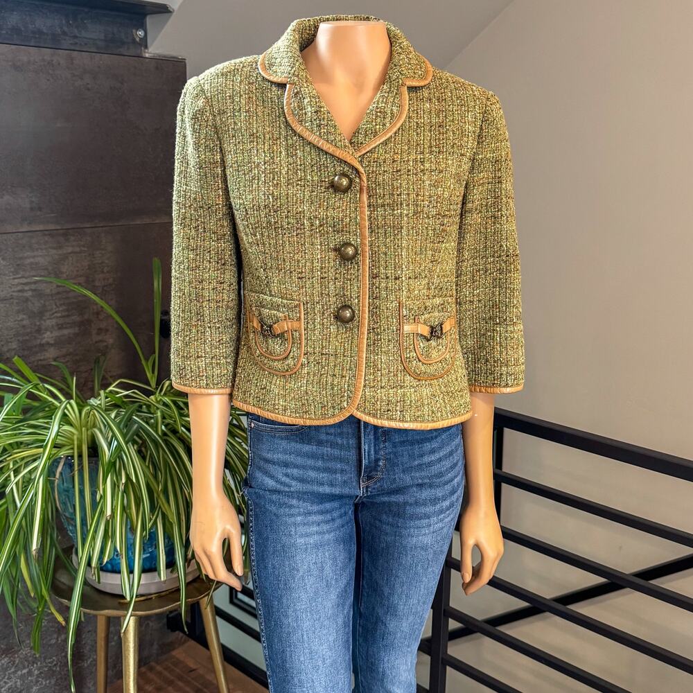 Vintage Cynthia Steffe Green Tweed Leather Piping 3/4 Sleeve Blazer Crop Large